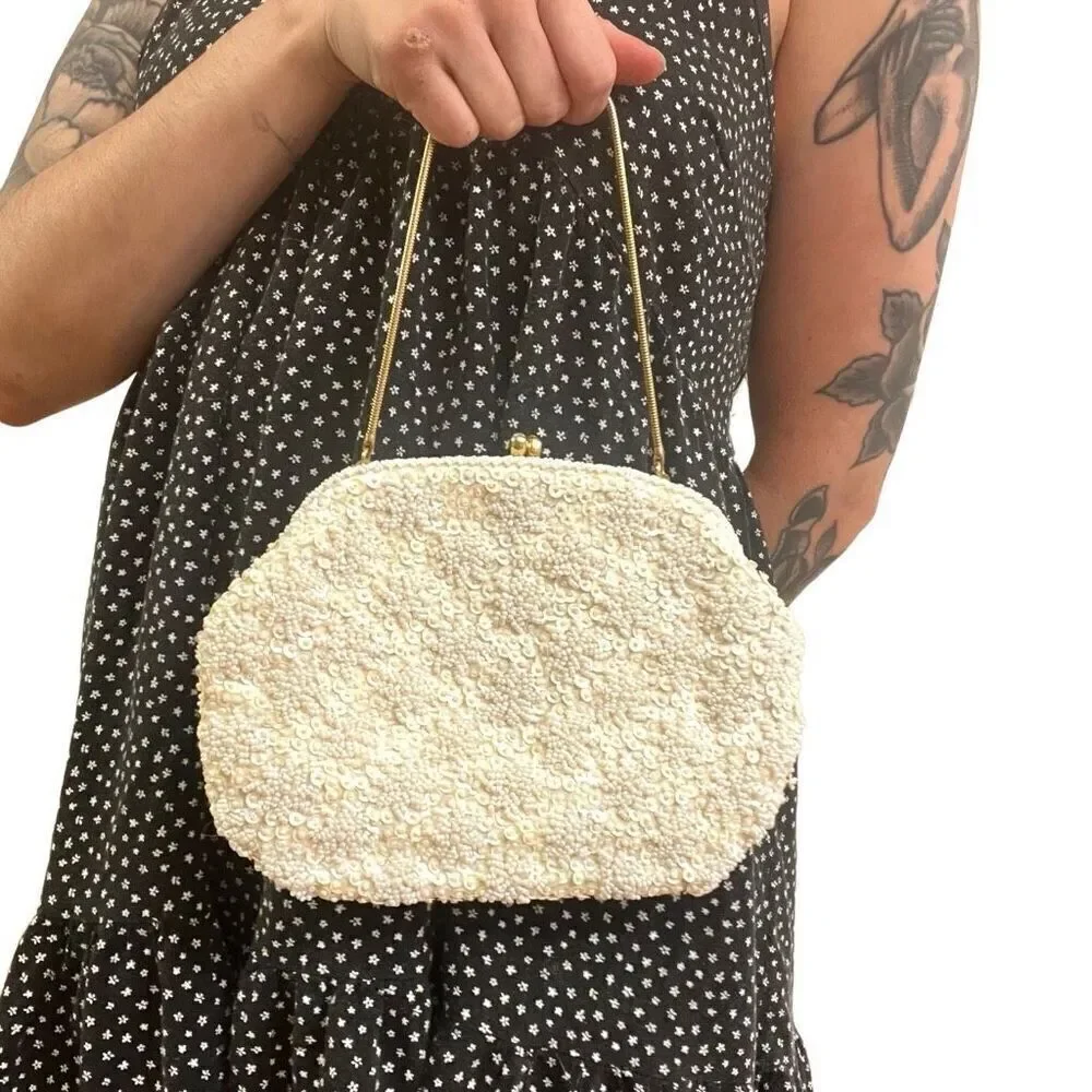 Antique Intricately Beaded Ivory Evening Clutch